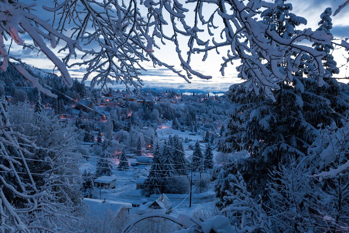 View over snowy Rossland from above